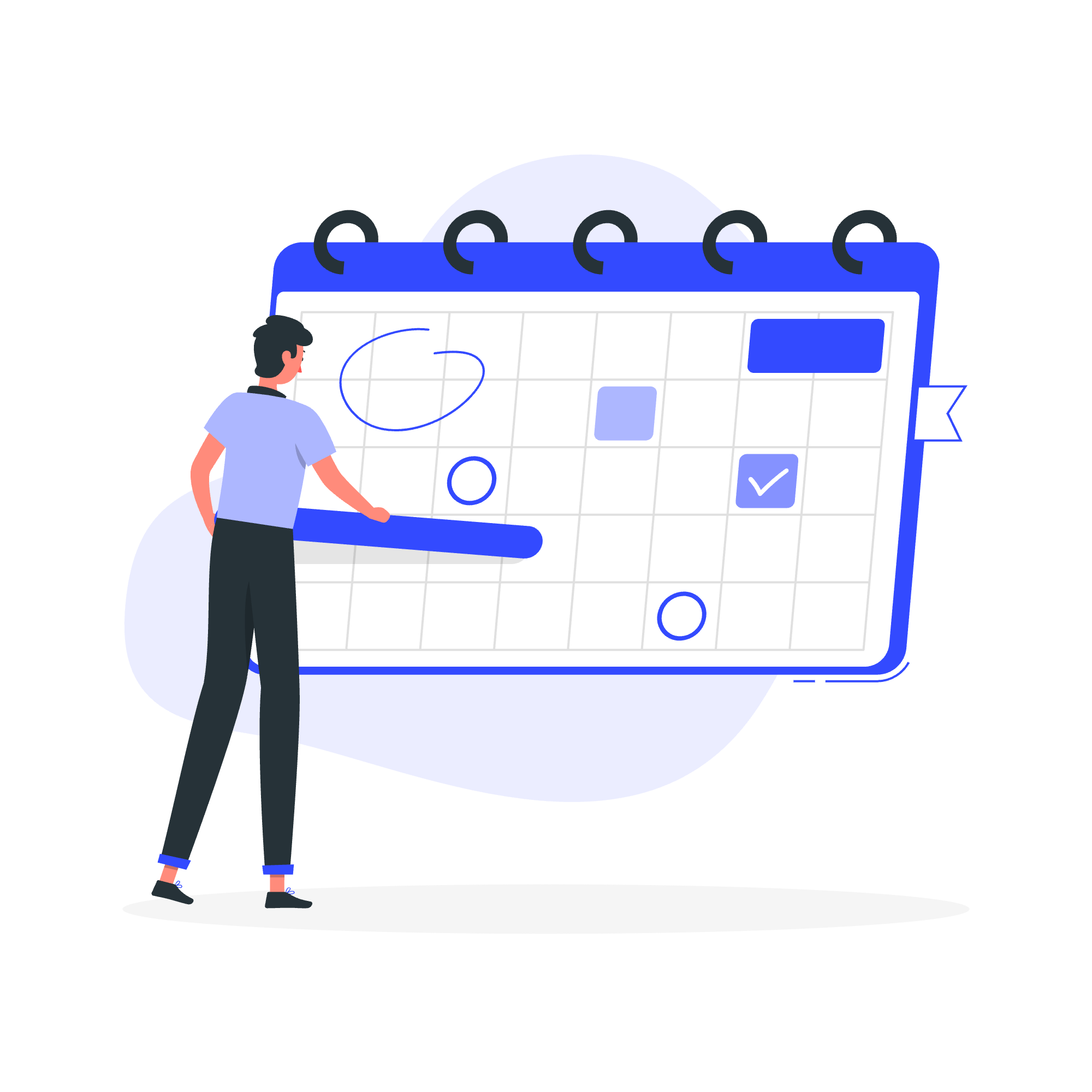 Das Bild zeigt eine stilisierte Darstellung eines Mannes, der einen großen Kalender bearbeitet.  Er trägt ein hellblaues Shirt und dunkle Hosen und scheint etwas in den Kalender einzutragen oder zu ändern. Der Kalender ist blau und enthält bereits einige Einträge, wie ein Häkchen und einige Kreise. Das Bild ist minimalistisch und modern gestaltet.  Es vermittelt den Eindruck von Planung, Organisation und Terminmanagement.
