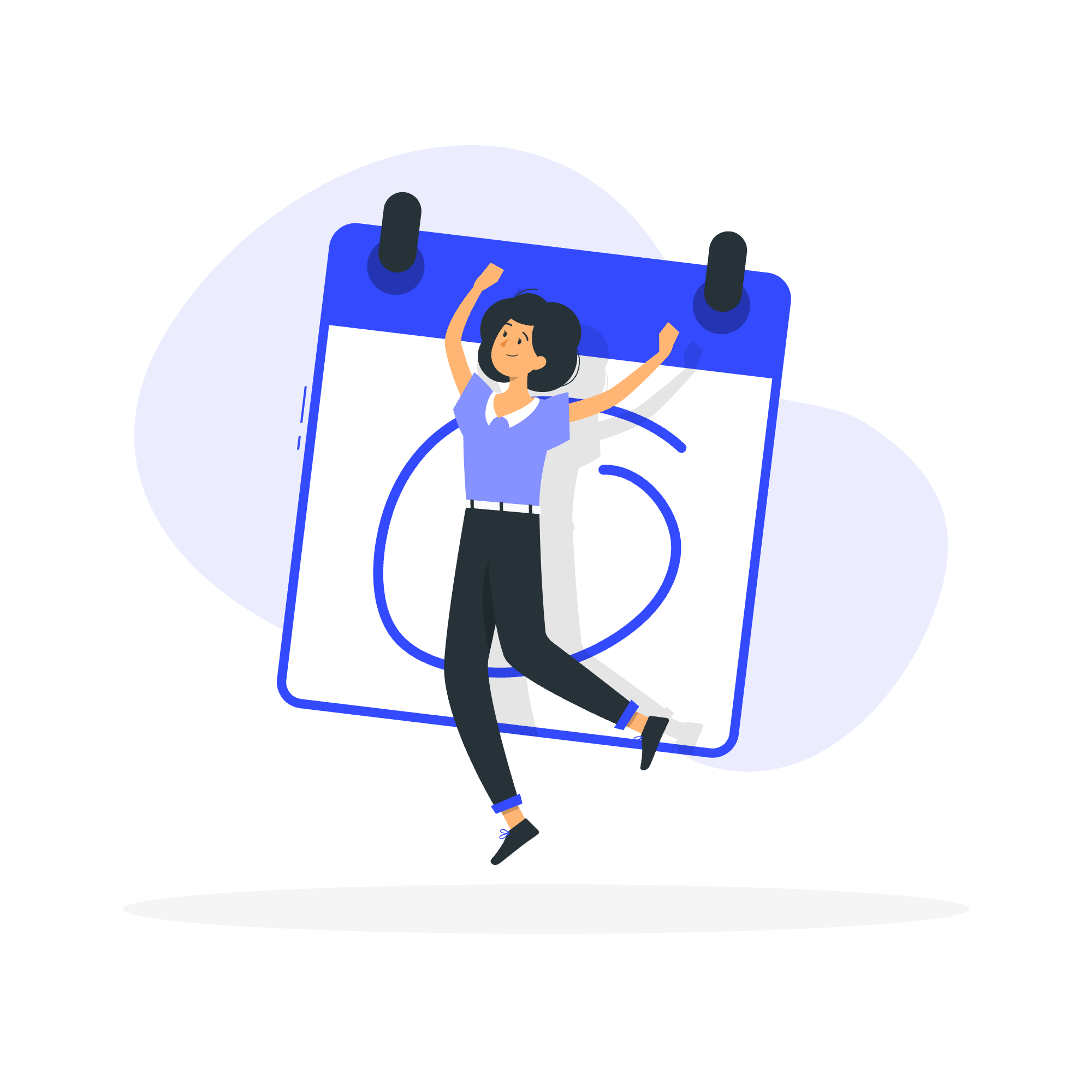 Das Bild zeigt eine stilisierte Darstellung einer jubelnden Frau, die an einem Kalenderblatt hängt.  Sie springt vor Freude und ihre Arme sind nach oben gestreckt. Der Kalender ist blau und weiß gehalten und wirkt modern. Die Szene ist auf einem hellen Hintergrund platziert und strahlt positive Energie und Erfolg aus.  Das Bild könnte einen wichtigen Termin, ein erreichtes Ziel oder allgemeine Freude darstellen.
